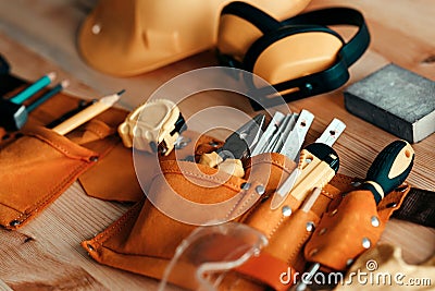 Carpentry wools and protective equipment on the desk Stock Photo