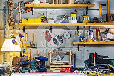 Carpentry workshop equipped with the necessary tools Stock Photo