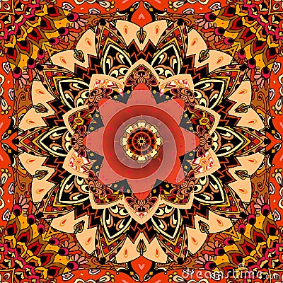 Carpet or bandana print with red tulip on beautiful mandala flower. Seamless pattern in ethnic style. Indian, turkish motives Vector Illustration