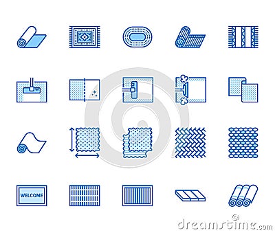 Carpet cleaning flat line icons set. Rug steaming, bamboo mat, persia carpets, flooring vector illustration. Thin signs Vector Illustration