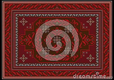 Carpet with ethnic ornament of red and burgundy shades and red floral pattern on brown on the middle Vector Illustration