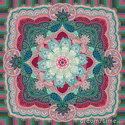Carpet or shawl with beautiful paisley ornament and mandala flower in dark crimson and green tones. Vector Illustration