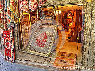 Carpet shop in historical centre of Antalya, Turkey Editorial Stock Photo