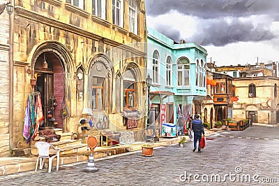 Carpet shop in Old City colorful painting Stock Photo