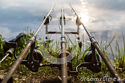 Carpfishing session at the Lake.Carp Angling scenic landscape overlooking lake at Dawn.Fishing adventures, carp fishing Stock Photo