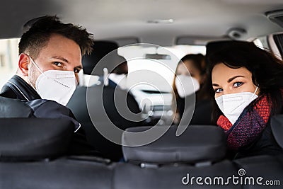 Carpool Ride Share. Friends Enjoy Taxi Stock Photo