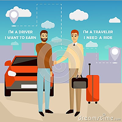 Carpooling concept vector illustration in cartoon style. Carpool and car sharing service poster. Two men shaking hands Vector Illustration