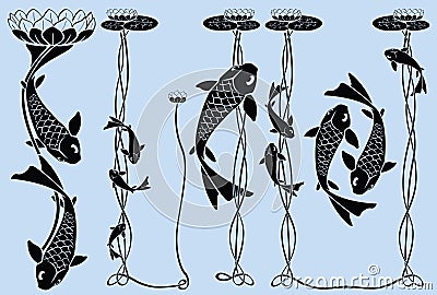 Carps among water-lilies Vector Illustration