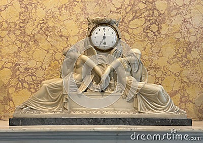 Carrera marble Clock with Victory and Minerva by Pietro Fontana in the Museum of the Villa Carlotta in Tremezzp. Editorial Stock Photo