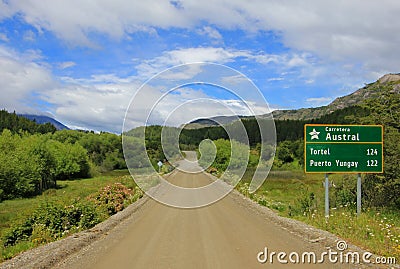 Carretera Austral highway, ruta 7, with road sign, Chile Stock Photo