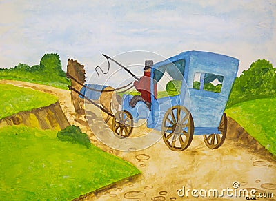 The carriage is blue with a horse on a dirt road among green meadows Stock Photo