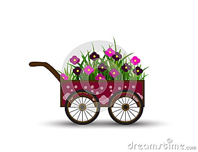 Carriage with Flowers and Grass Isolated on the White Background Vector Illustration
