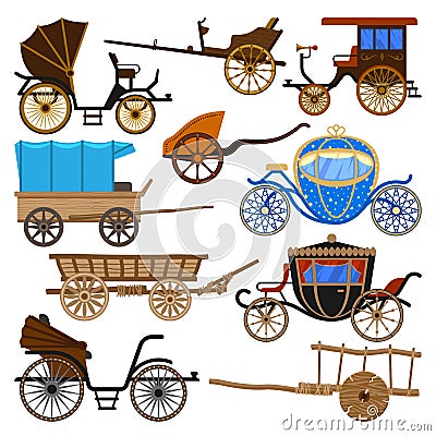 Carriage vector vintage transport with old wheels and antique transportation illustration set of royal coach and chariot Vector Illustration