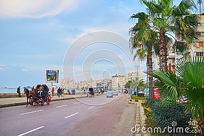 Carriages on Corniche Avenue, Alexandria, Egypt Editorial Stock Photo