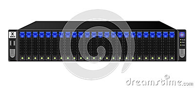 Carrier-class server in black for mounting from 19-inch rack with twenty-four 2.5 inch hard drives. Vector Illustration