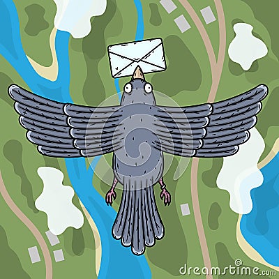 Carrier pigeon. Pigeon postman with a letter in his beak. Top view. Vector Illustration