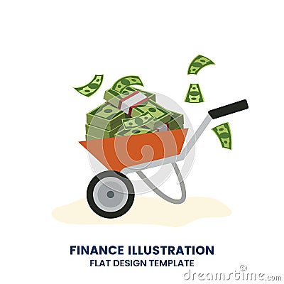 carries cart full of bags of money. Successful financial investments concept. Goal achievement and money growing Vector Illustration