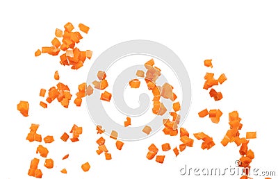 Carrot fresh fly float in Air turn to Cube dice shape. Beta Carotene orange color in Carrot is good health. Many Dice cube carrot Stock Photo