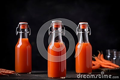 Carrot juice bottles. Generate Ai Stock Photo