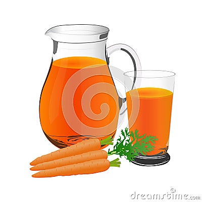 Carrot juice and carrots, jug and glass cup, vector, illustration Stock Photo