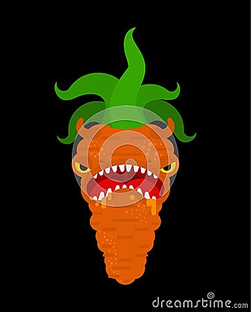 Carrot monster GMO. Genetically modified Angry Orange Vegetable with teeth. Hungry Alien Food vector illustration Vector Illustration
