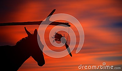 Carrot Stick Theory Concept With Donkey Silhouette. Sunset. The Carrot sign of a reward for moving and the Stick a punishment Stock Photo