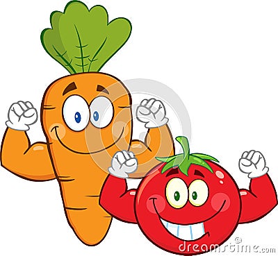 Carrot And Tomato Cartoon Mascot Characters Showing Muscle Arms Vector Illustration