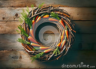 Carrot Wreath on Rustic Wooden Background, Natural and Creative Easter or Spring Decor Stock Photo