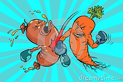 Carrots beats a sausage. the victory of vegetarianism Vector Illustration