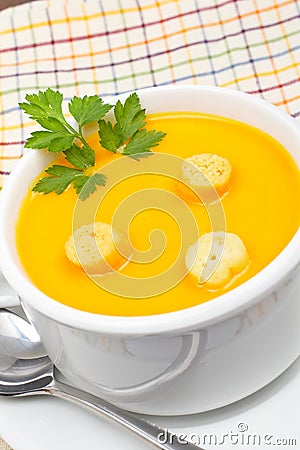Carrots puree with bread croutons Stock Photo