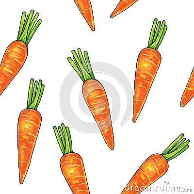Carrots on a white background. Color drawing markers. Agricultural vegetable. Seamless pattern Stock Photo