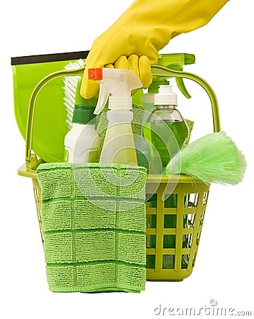 Carrying Green Cleaning Supplies Stock Photo