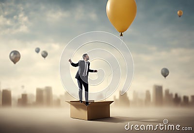 carrying innovative lightbulb box think flying businessman balloon open concepts development creativity using out solution Stock Photo
