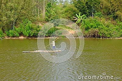 Carrying sugarcane by a bamboo raft Stock Photo