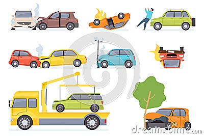 Cars accident. Insurance transportation on tow truck, auto collision with tree or street light, hitting pedestrian Vector Illustration
