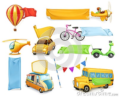 Cars and airplanes with banners and flags Vector Illustration