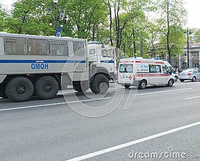 Sankt- Petersburg, Russia - May 28, 2017: Police cars and ambulance on the city street. Sankt- Petersburg, Russia Editorial Stock Photo