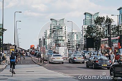 Cars, buses and cyclists on Vauxhall Bridge in London, UK, during rush hour Editorial Stock Photo