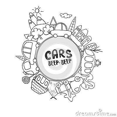 Cars Cartoon Set. Cute transport Doodles collection, vector illustration Vector Illustration