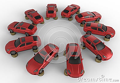 Cars on coin stacks circular array Cartoon Illustration