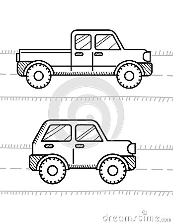 Cars coloring book for kids. Pickup, 4WD Vector Illustration