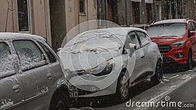 Cars covered in snow, first day of winter Editorial Stock Photo