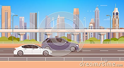 Cars Driving City Street Panorama Urban Road Vector Illustration