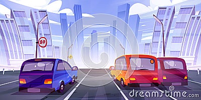 Cars driving at highway rear view on cityscape Vector Illustration