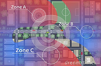 Cars driving road 5g internet connection concept city map with streets and buildings in different zones top angle view Vector Illustration