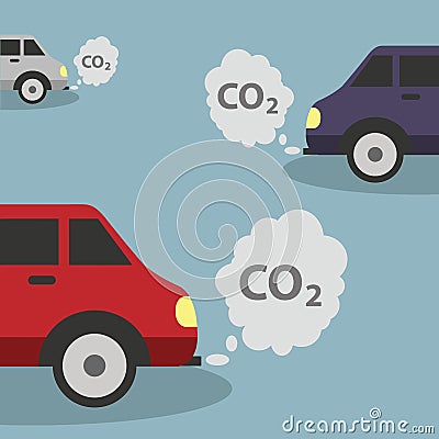 Cars emits CO2, carbon dioxide. Concept of smog pollutant damage contamination garbage combustion products. Vector Illustration