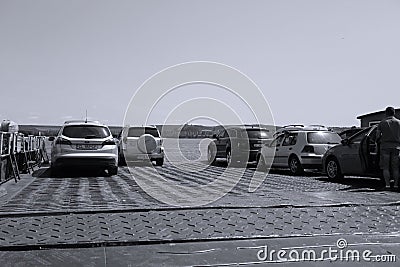 Cars on the ferry, Danube river Editorial Stock Photo