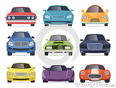 Cars front view. Taxi truck bus van vehicles transport cartoon collection Vector Illustration