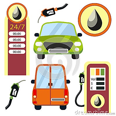 Cars and gas station elements set. Vector Illustration