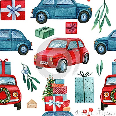 Cars, gifts and mistletoe, winter holidays seamless pattern, Christmas background, digital paper. Cartoon Illustration